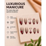 Nude‑Grey Wine‑Red French Almond Press‑On Nails, Sweet Cool False Nails with 3D White Bow & Red Heart Rhinestones